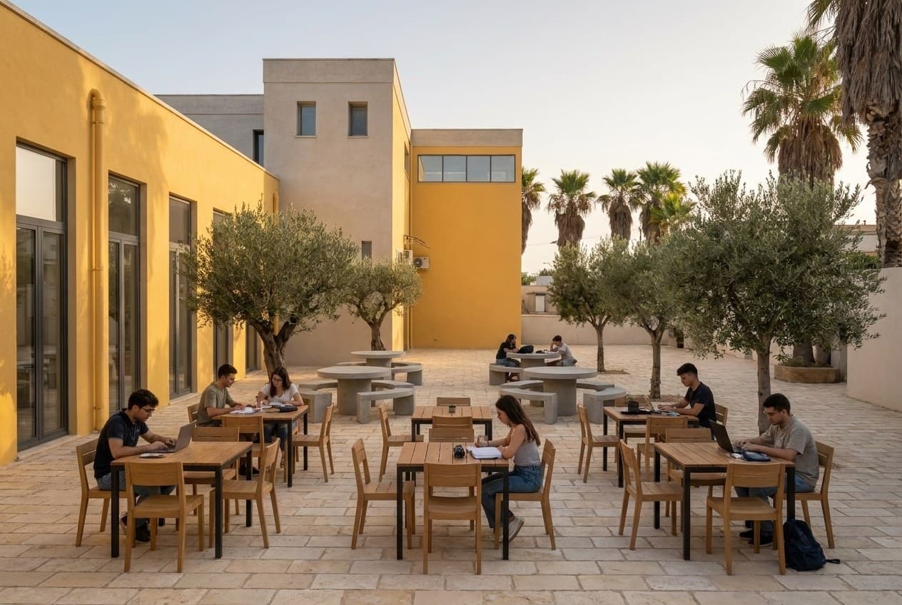 Visualizzazione di progetto: area lettura nel cortile con tavoli sotto gli ulivi
