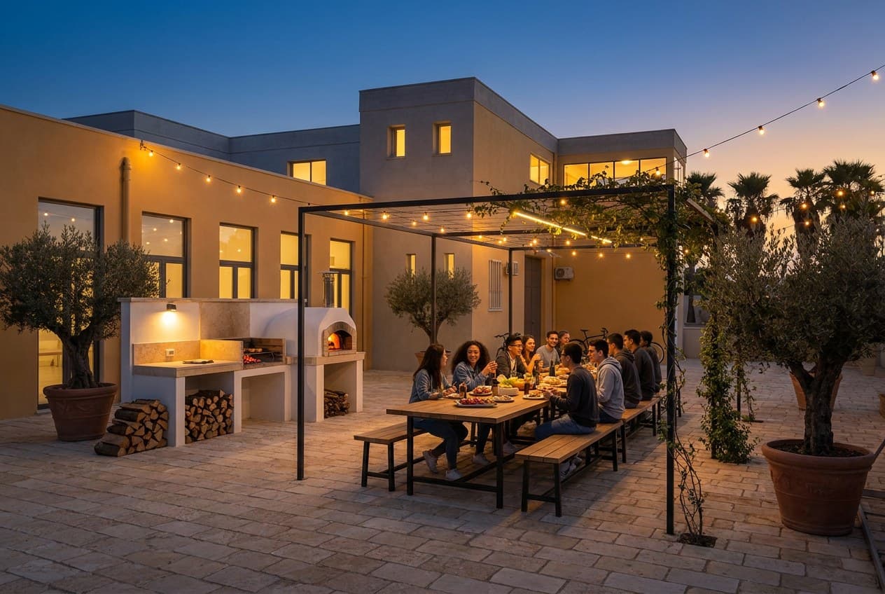 Visualizzazione di progetto: angolo barbecue con tavolo lungo, pergola e studenti nel cortile serale