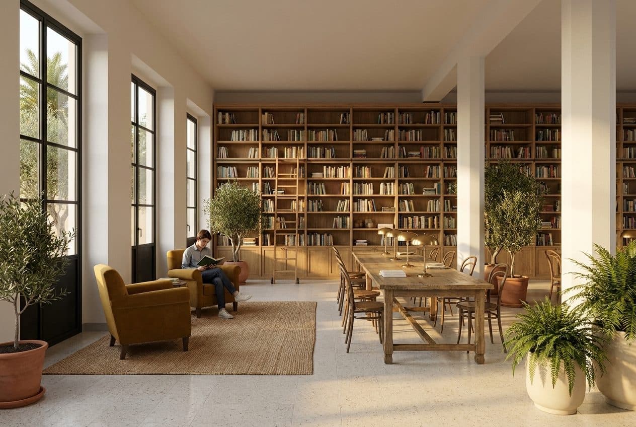 Visualizzazione di progetto: biblioteca e area lettura con scaffali, tavolo e poltrone