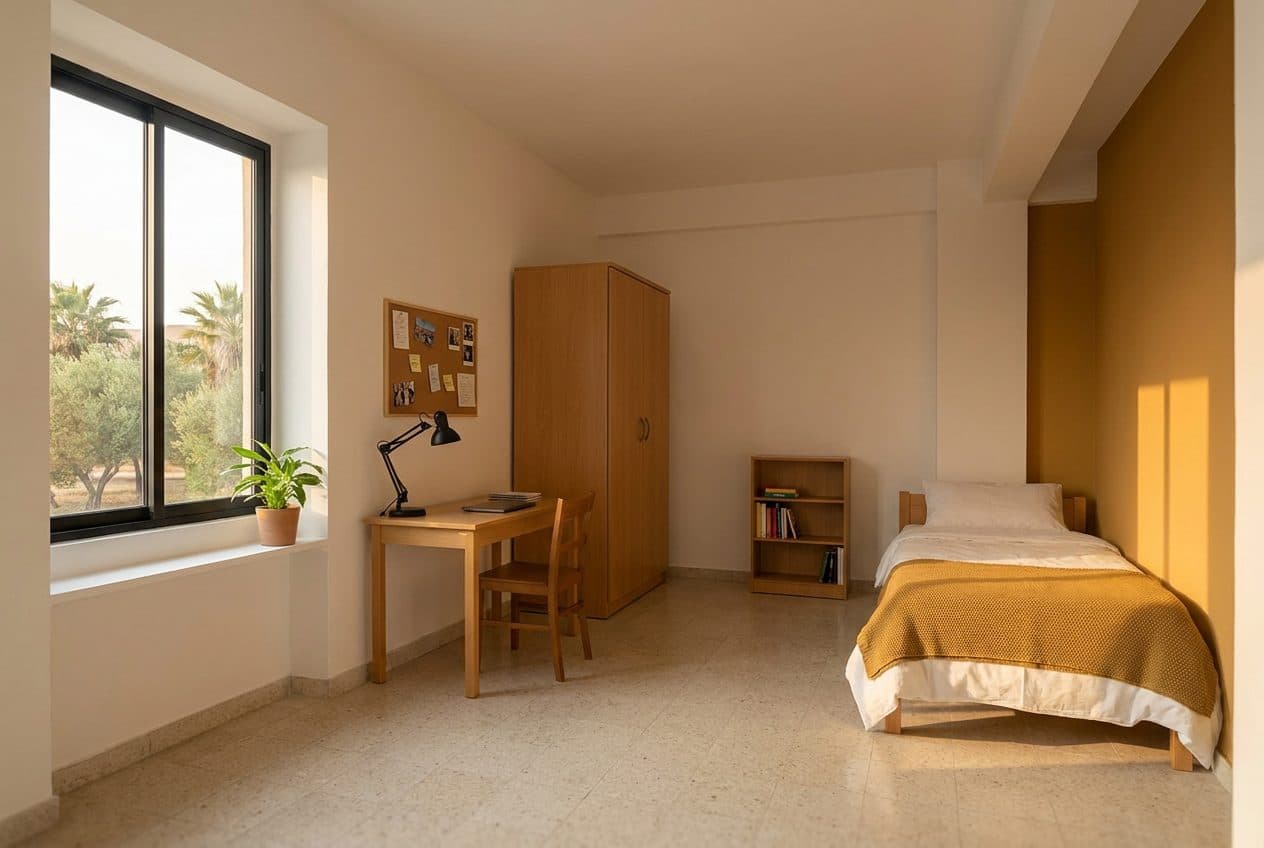 Visualizzazione di progetto: camera singola con letto, scrittoio e armadio
