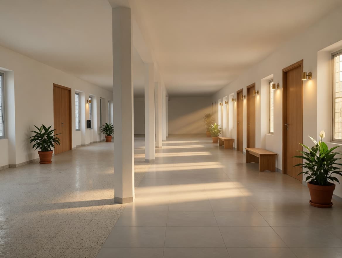 Visualizzazione di progetto: corridoio ad albergo con porte in rovere delle camere