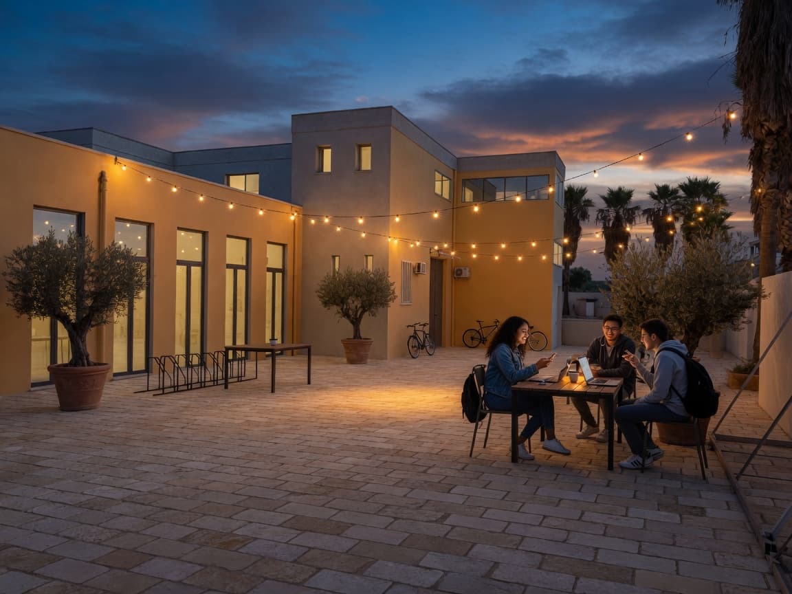 Visualizzazione di progetto: cortile serale con tavoli, ulivi e luci tra i due corpi