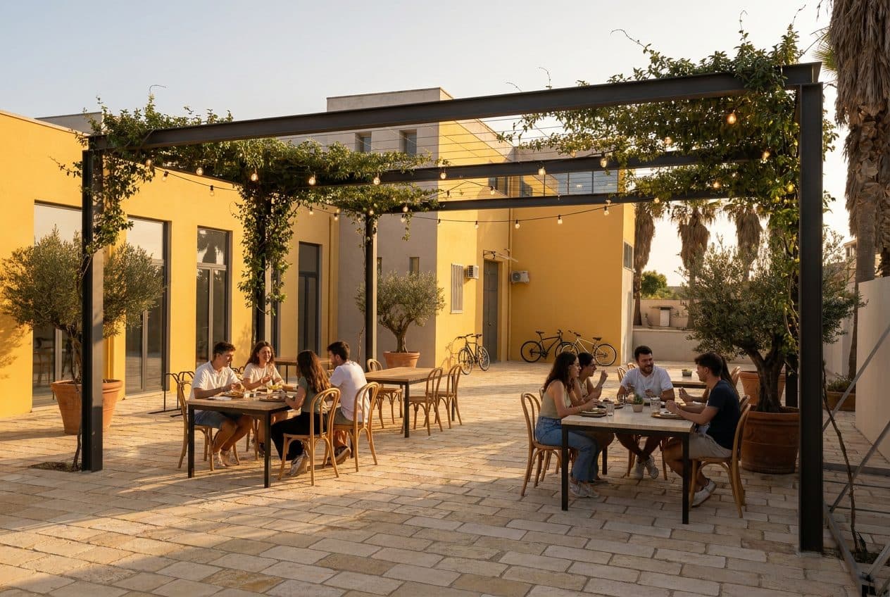 Visualizzazione di progetto: dehors ristoro con tavoli sotto la pergola sul cortile