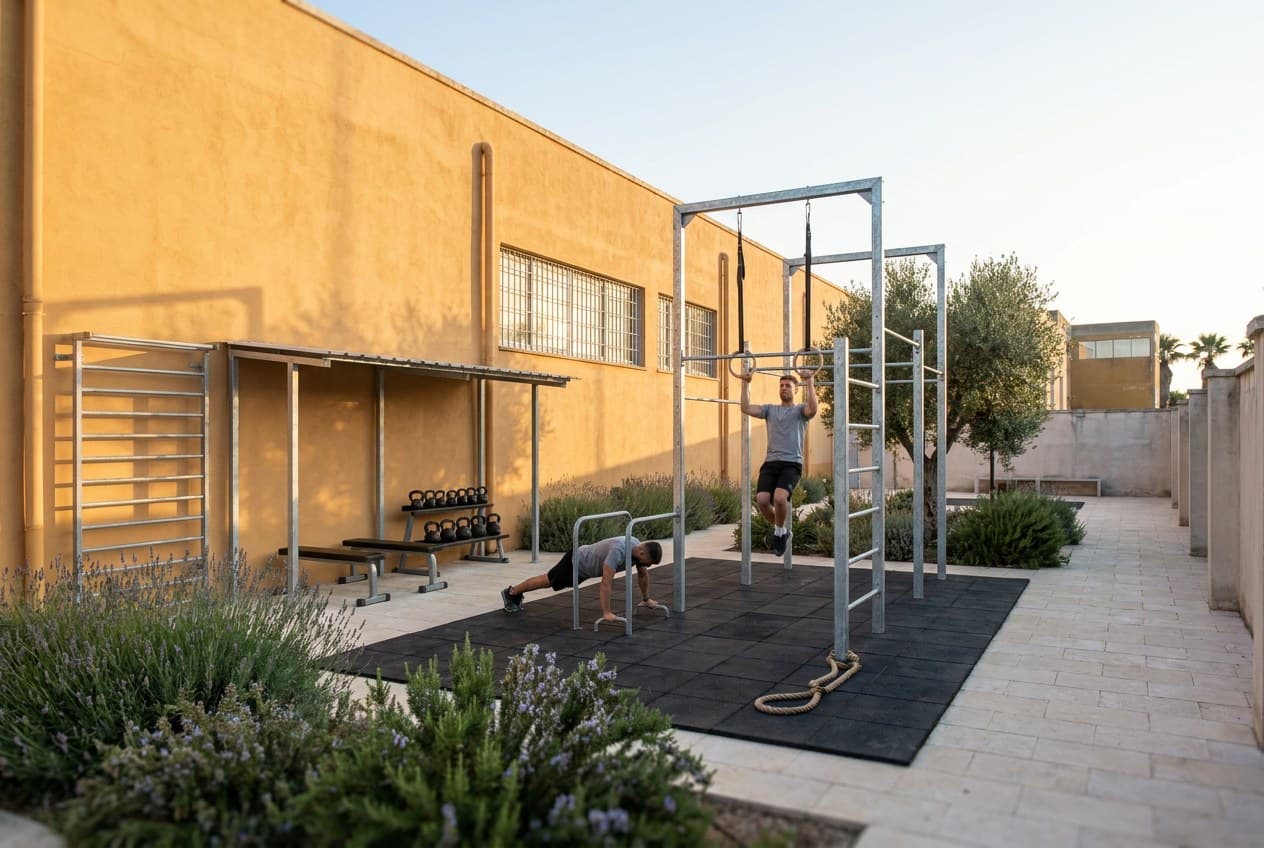Visualizzazione di progetto: area calisthenics all'aperto con struttura, anelli e panche