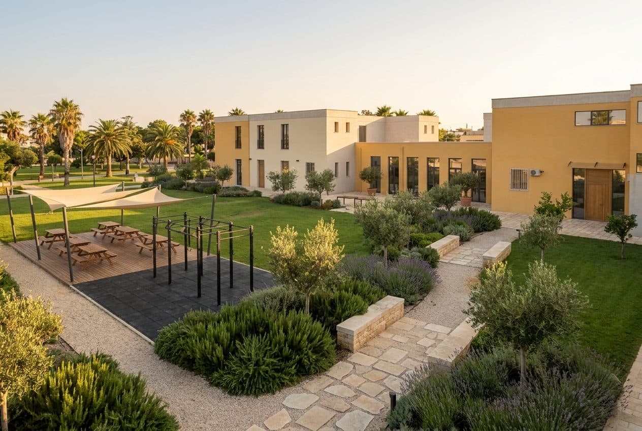 Visualizzazione di progetto: verde attrezzato con aree studio e fitness all'aperto