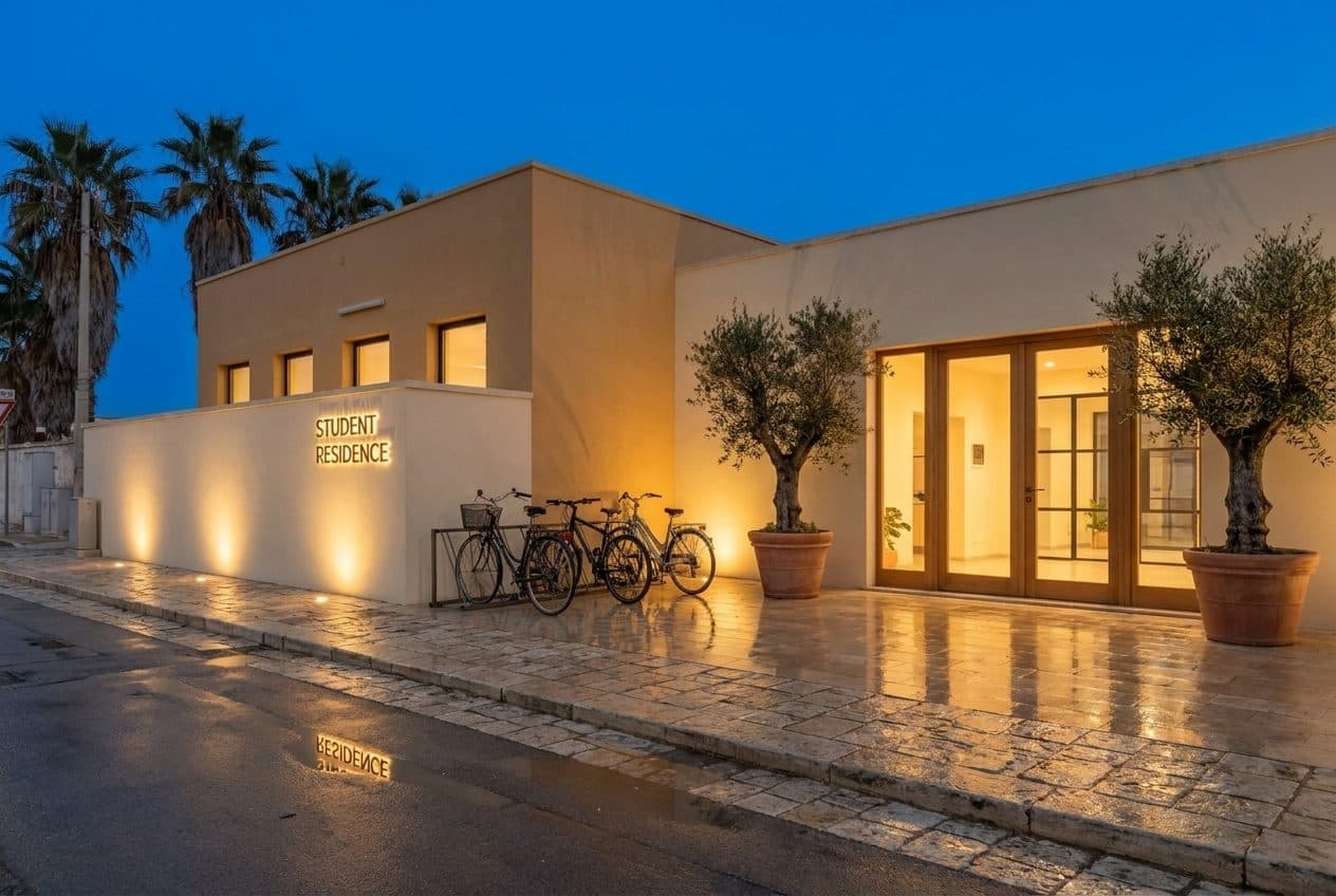 Visualizzazione di progetto: l’ingresso della residenza illuminato all’imbrunire