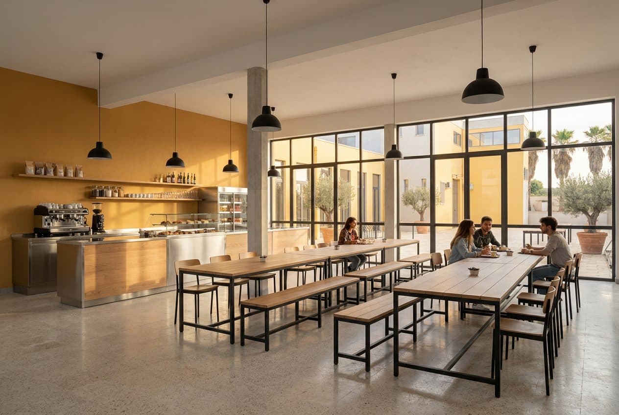 Visualizzazione di progetto: bar, area ristoro e cucina con bancone e tavoli comuni
