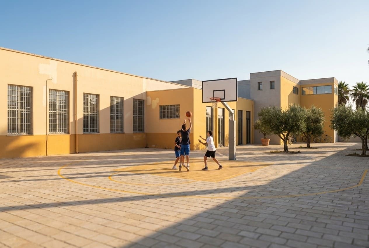Visualizzazione di progetto: mezzo campo da basket tracciato sul cortile con studenti