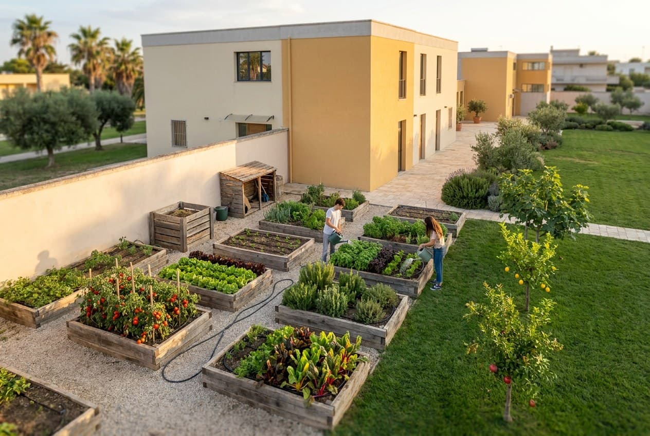 Visualizzazione di progetto: orto didattico con cassoni rialzati e alberi da frutto