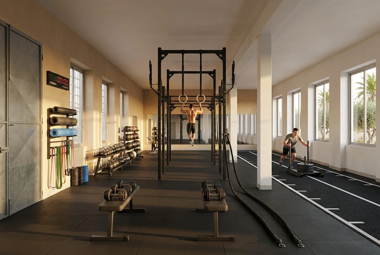 Visualizzazione di progetto: zona functional della palestra con rig, anelli, sled e kettlebell