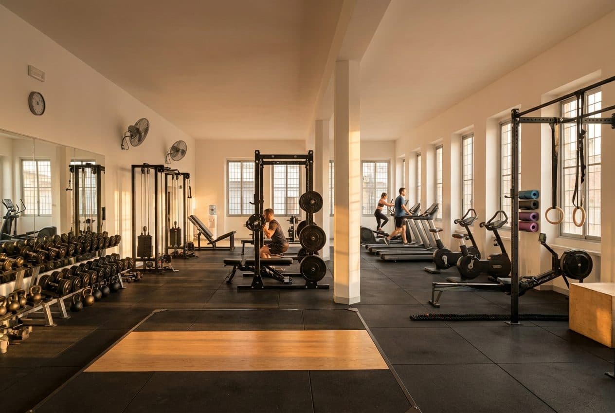 Visualizzazione di progetto: palestra attrezzata nell'ex navata con rack, pesi e cardio