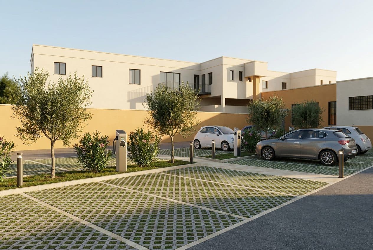 Visualizzazione di progetto: parcheggio su via Manzoni con colonnine di ricarica