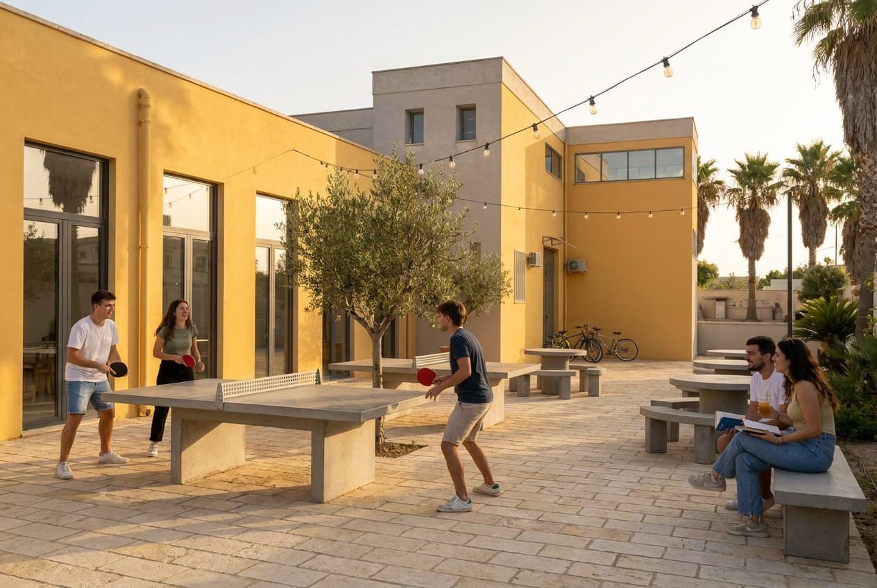 Visualizzazione di progetto: tavoli da ping-pong all'aperto sotto un ulivo nel cortile