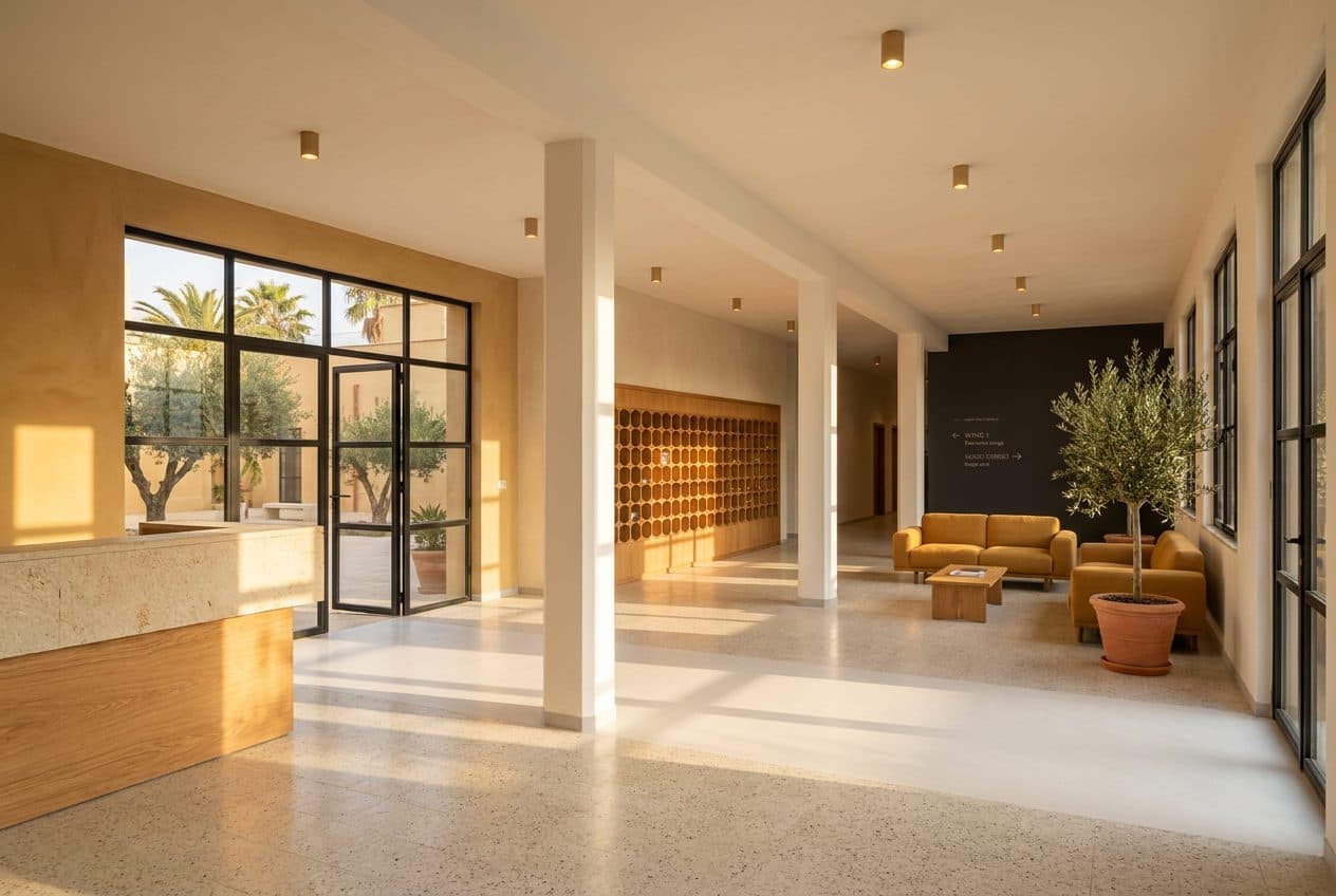Visualizzazione di progetto: reception con banco, caselle postali e area d'attesa