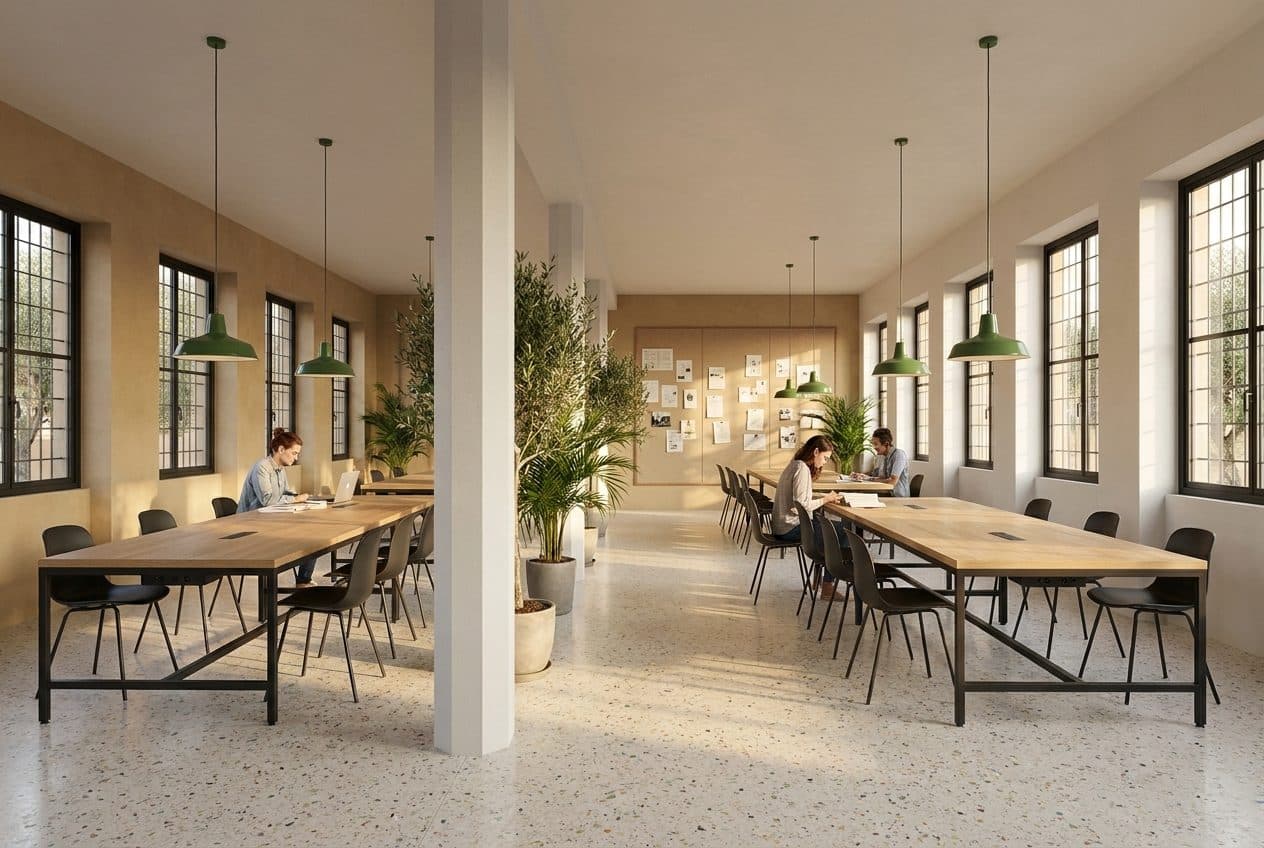 Visualizzazione di progetto: sala riunioni e studio con tavoli fra i pilastri esistenti