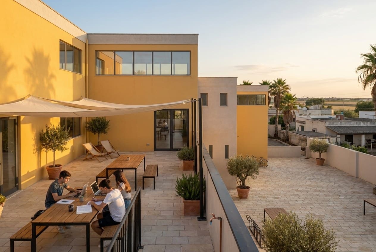 Visualizzazione di progetto: terrazza arredata sul tetto del corpo basso con tavoli, sedute e ulivi